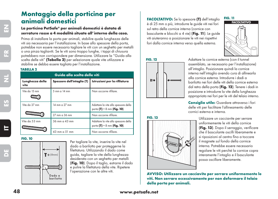 Montaggio della porticina per animali domestici, En fr es nl it de | Petsafe Big Cat/Small Dog Pet Door User Manual | Page 48 / 64