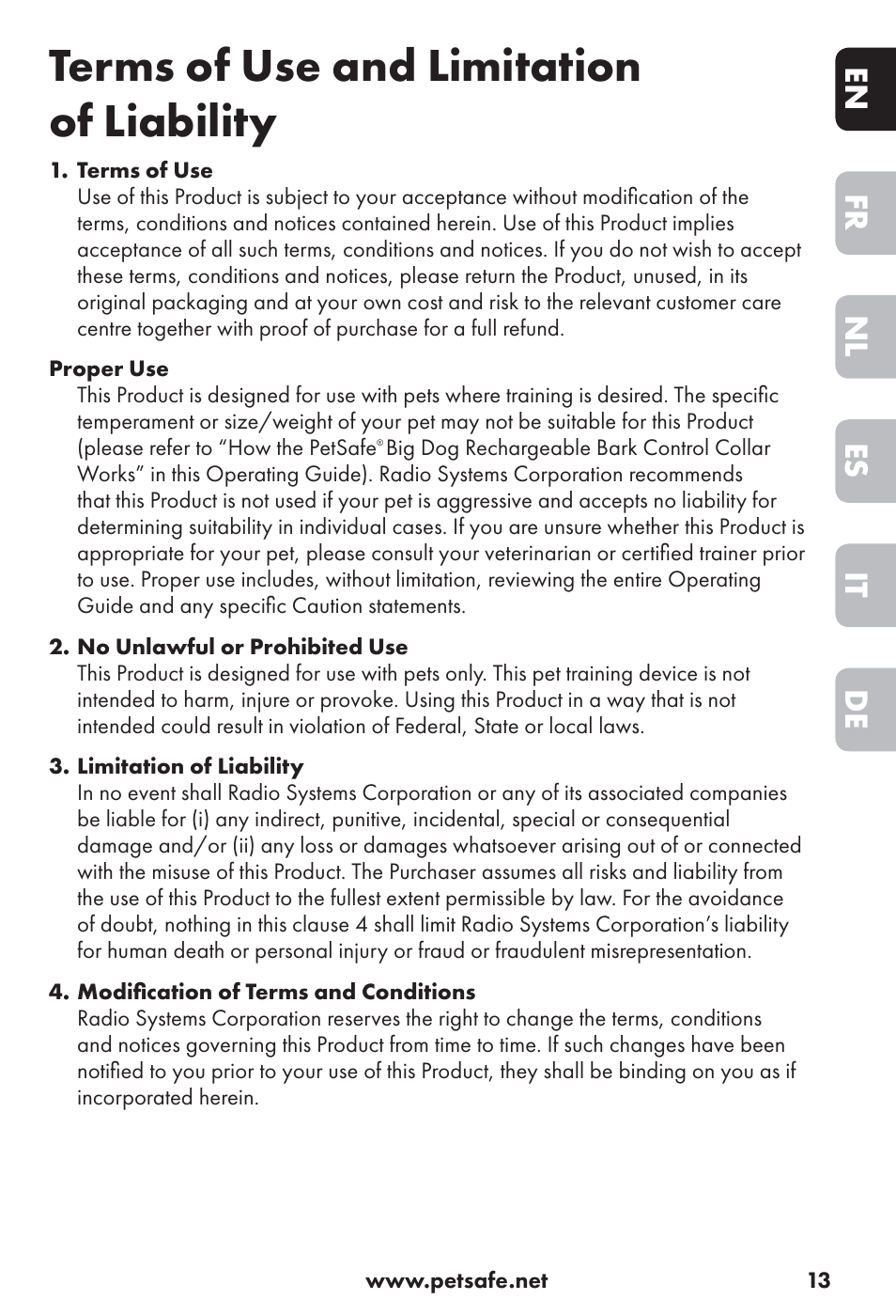 Terms of use and limitation of liability, De it es nl fr en | Petsafe Big Dog Rechargeable Bark Control User Manual | Page 13 / 88