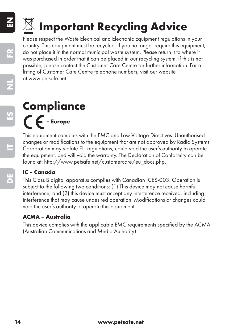 Important recycling advice, Compliance | Petsafe Big Dog Rechargeable Bark Control User Manual | Page 14 / 88