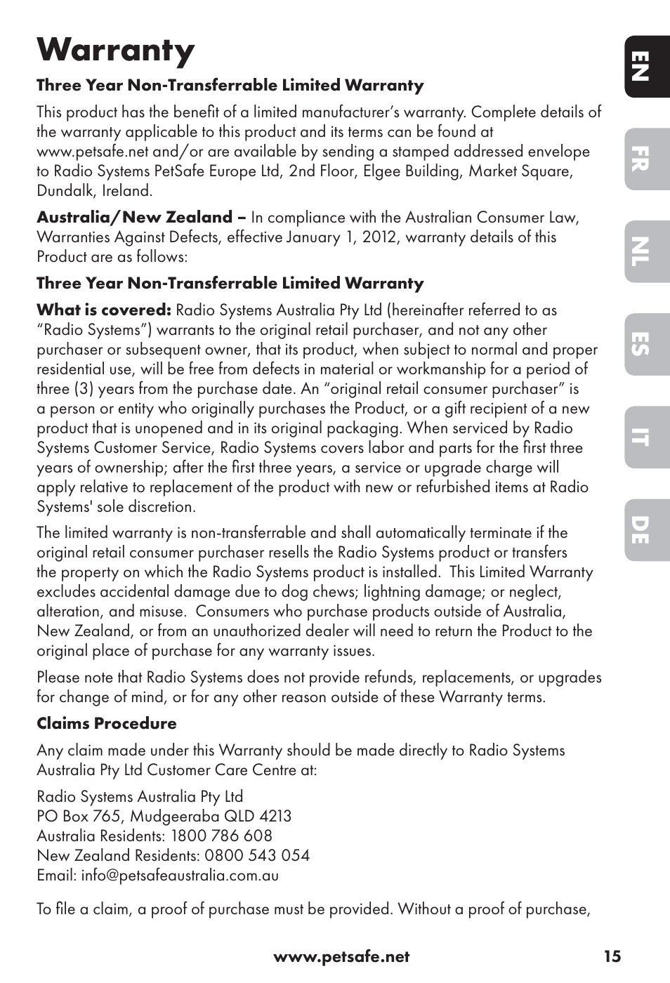 Warranty | Petsafe Big Dog Rechargeable Bark Control User Manual | Page 15 / 88