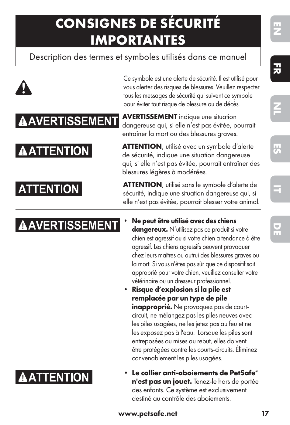 Consignes de sécurité importantes, De it es nl fr en | Petsafe Big Dog Rechargeable Bark Control User Manual | Page 17 / 88