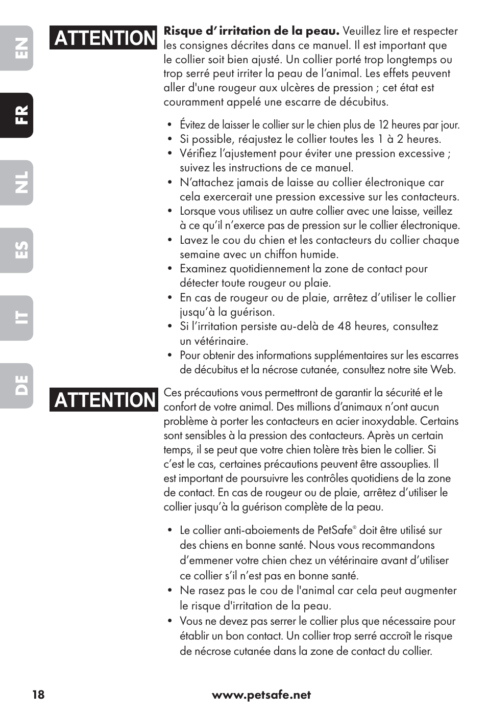 En fr nl es it de | Petsafe Big Dog Rechargeable Bark Control User Manual | Page 18 / 88