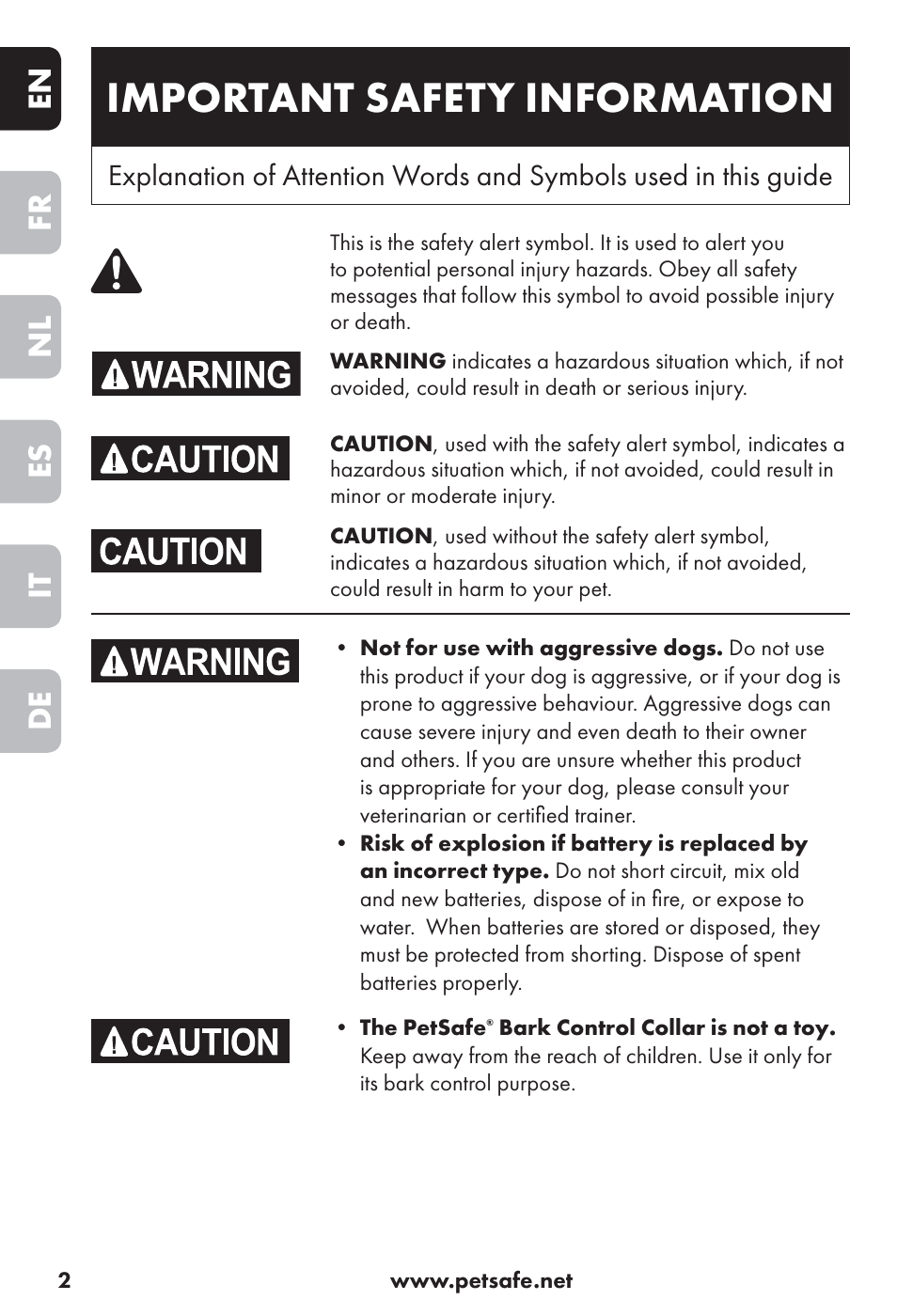 Important safety information, En fr nl es it de | Petsafe Big Dog Rechargeable Bark Control User Manual | Page 2 / 88