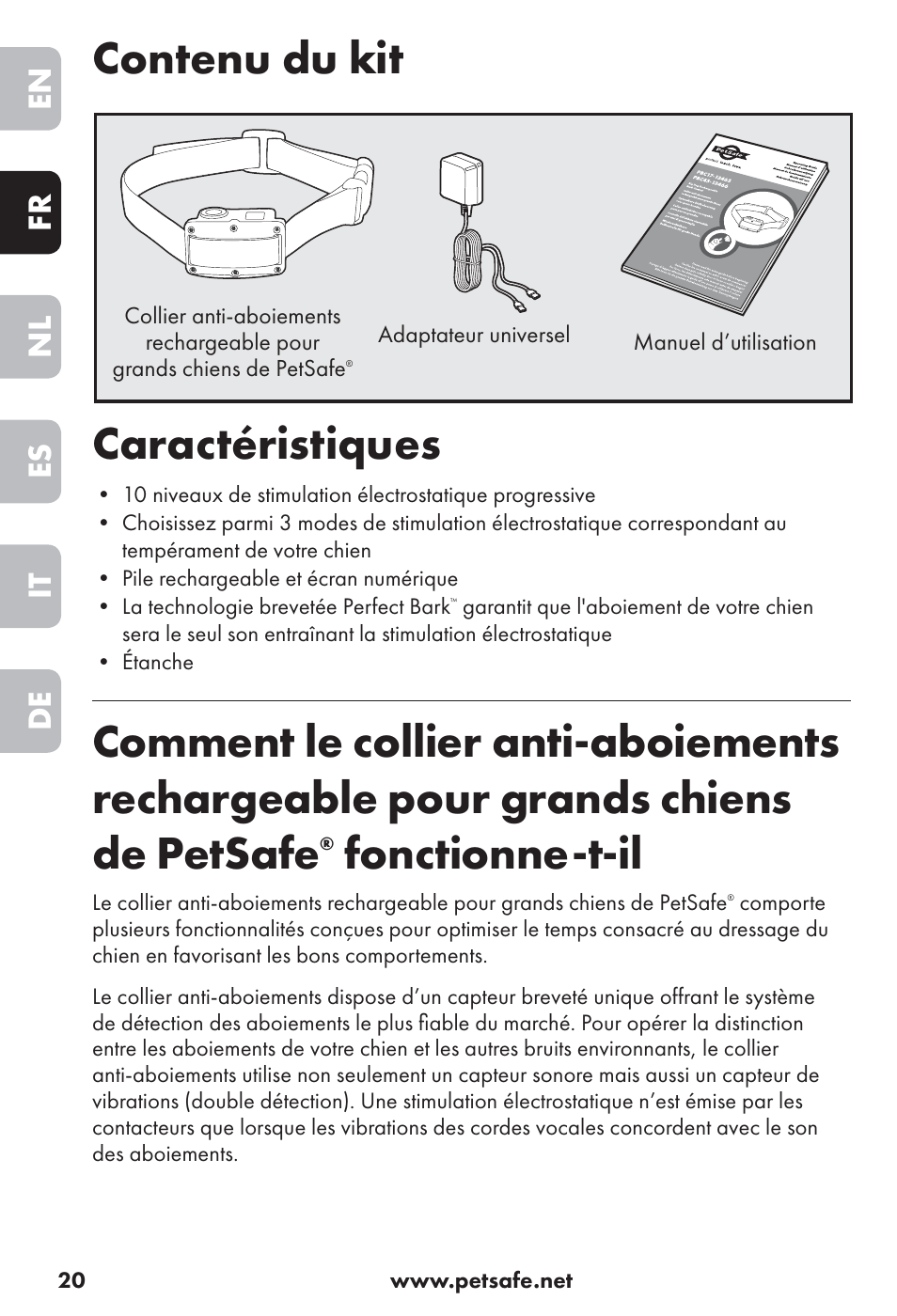 Contenu du kit caractéristiques, Fonctionne-t-il, En fr nl es it de | Petsafe Big Dog Rechargeable Bark Control User Manual | Page 20 / 88