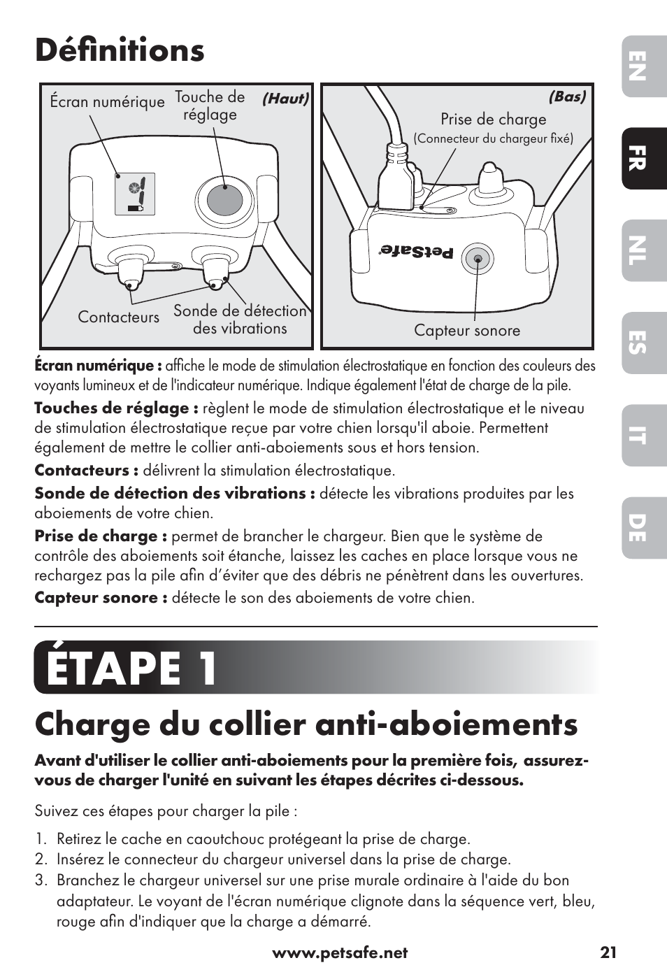 Étape 1, Déﬁ nitions, Charge du collier anti-aboiements | De it es nl fr en | Petsafe Big Dog Rechargeable Bark Control User Manual | Page 21 / 88