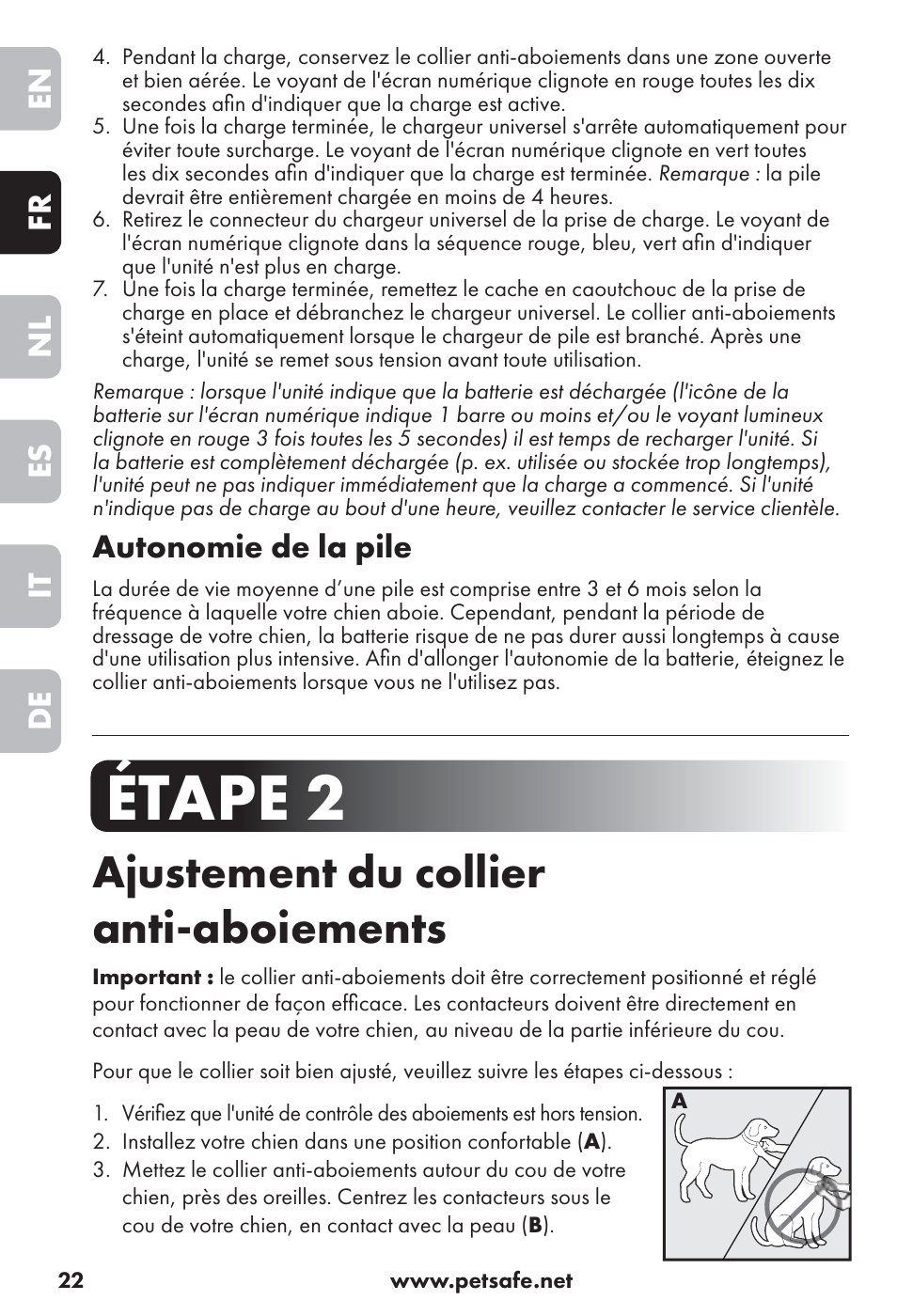 Étape 2, Ajustement du collier anti-aboiements, En fr nl es it de | Autonomie de la pile | Petsafe Big Dog Rechargeable Bark Control User Manual | Page 22 / 88