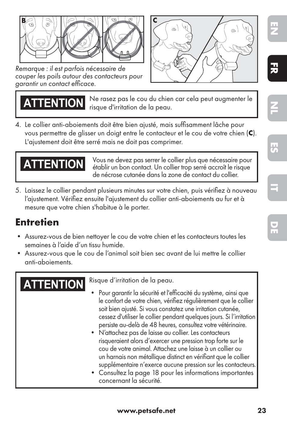 De it es nl fr en, Entretien | Petsafe Big Dog Rechargeable Bark Control User Manual | Page 23 / 88