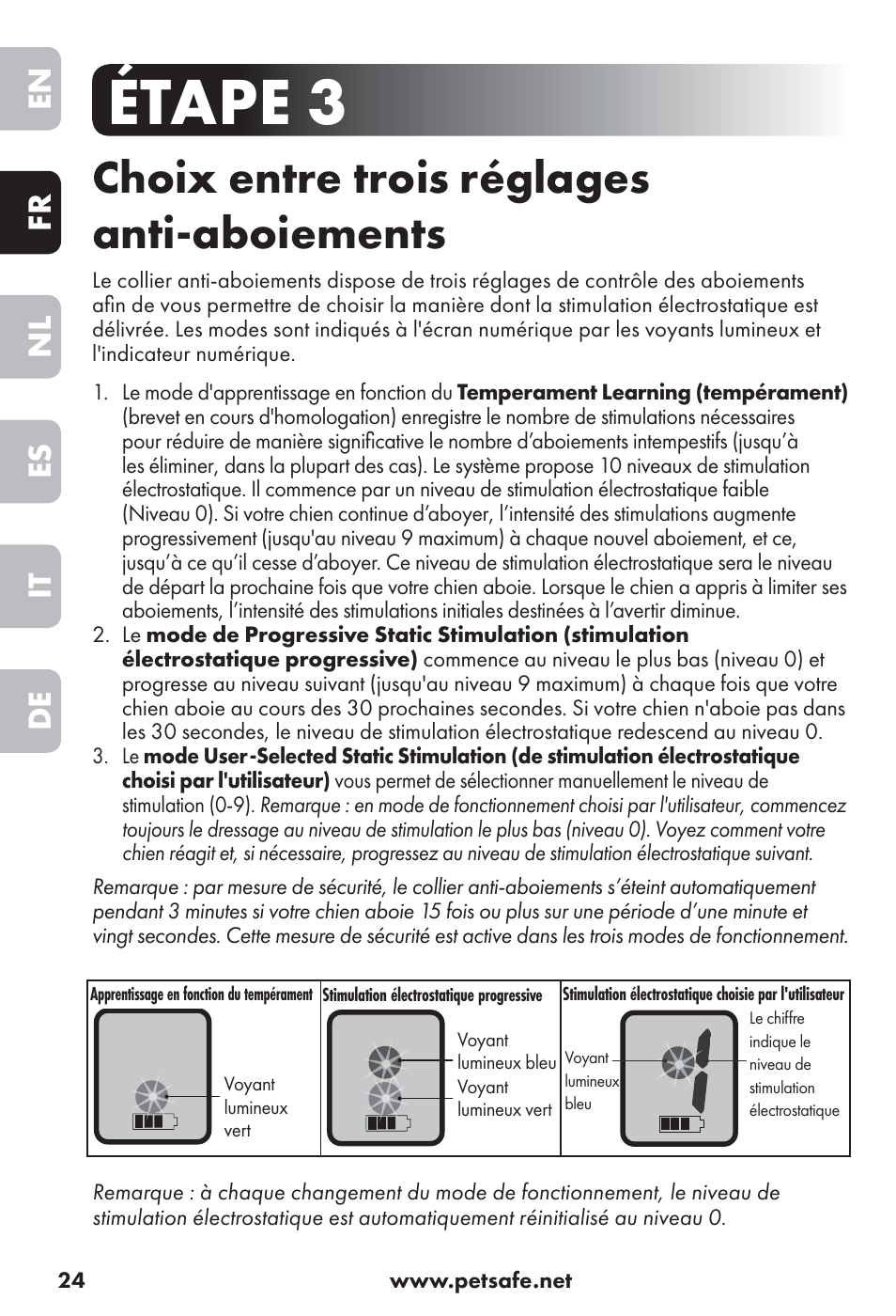 Étape 3, Choix entre trois réglages anti-aboiements, En fr nl es it de | Petsafe Big Dog Rechargeable Bark Control User Manual | Page 24 / 88