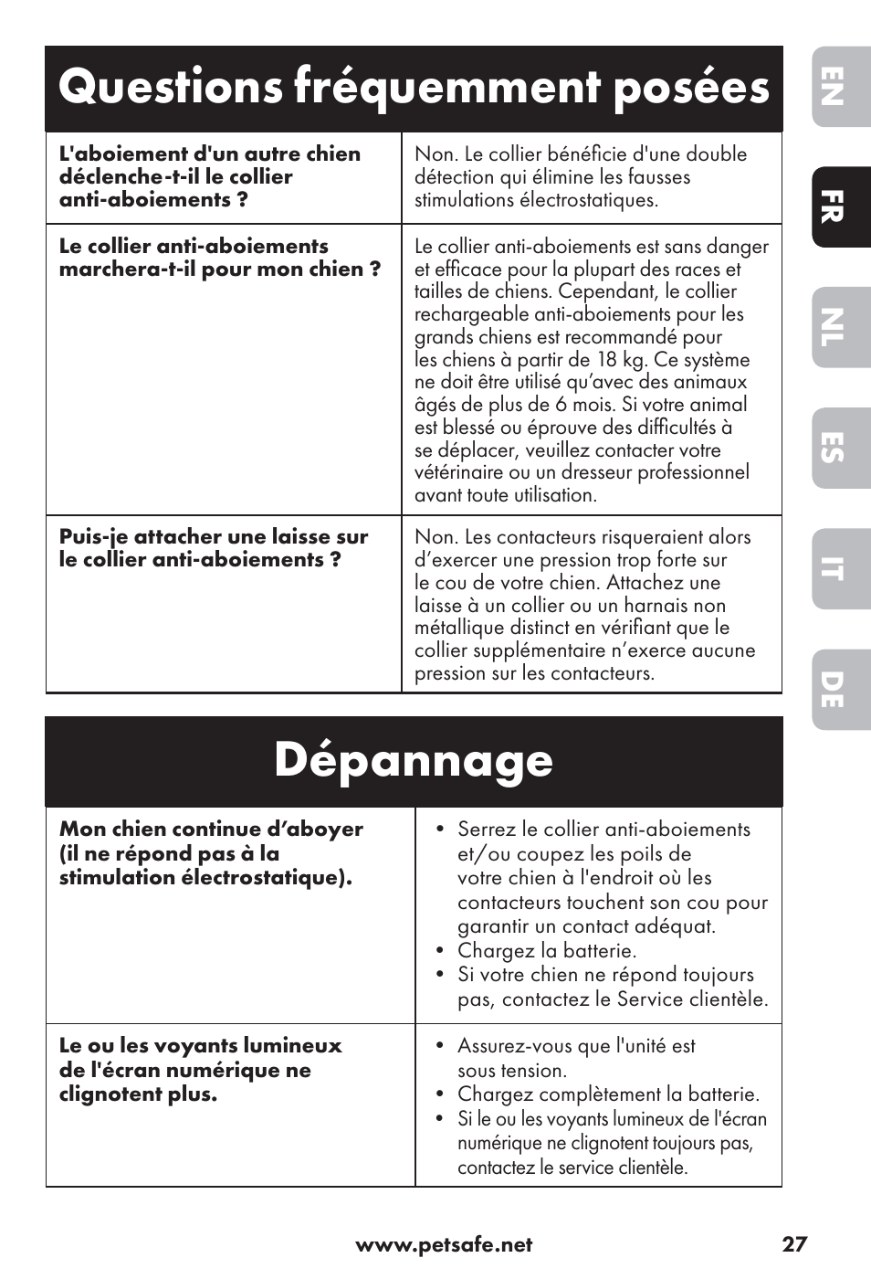Questions fréquemment posées, Dépannage, De it es nl fr en | Petsafe Big Dog Rechargeable Bark Control User Manual | Page 27 / 88