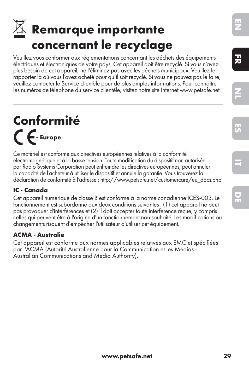 Remarque importante concernant le recyclage, Conformité, De it es nl fr en | Petsafe Big Dog Rechargeable Bark Control User Manual | Page 29 / 88
