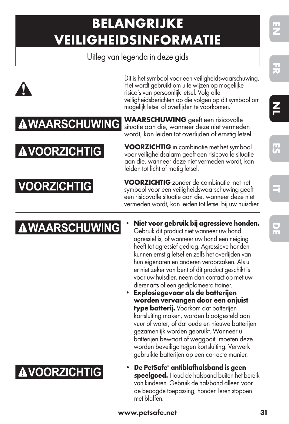 Belangrijke veiligheidsinformatie, De it es nl fr en, Uitleg van legenda in deze gids | Petsafe Big Dog Rechargeable Bark Control User Manual | Page 31 / 88