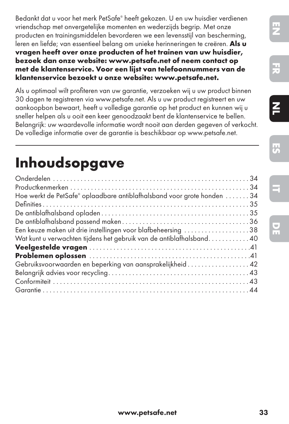 Inhoudsopgave, De it es nl fr en | Petsafe Big Dog Rechargeable Bark Control User Manual | Page 33 / 88