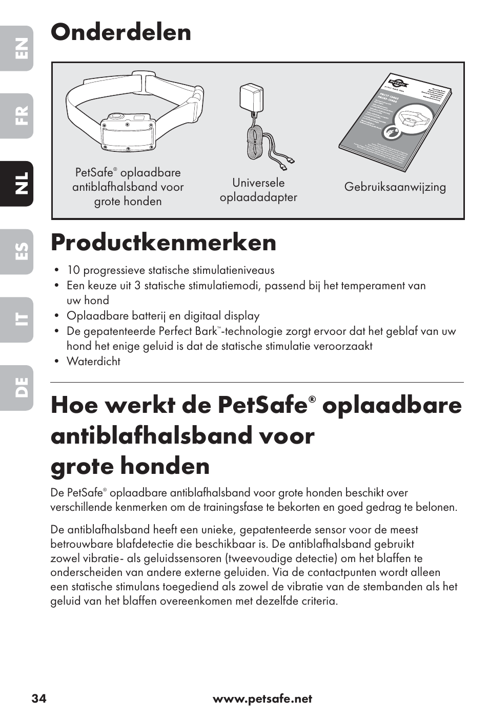 Onderdelen productkenmerken, Hoe werkt de petsafe, Oplaadbare antiblafhalsband voor grote honden | En fr nl es it de | Petsafe Big Dog Rechargeable Bark Control User Manual | Page 34 / 88