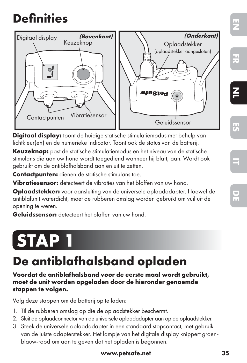 Stap 1, Deﬁ nities, De antiblafhalsband opladen | De it es nl fr en | Petsafe Big Dog Rechargeable Bark Control User Manual | Page 35 / 88
