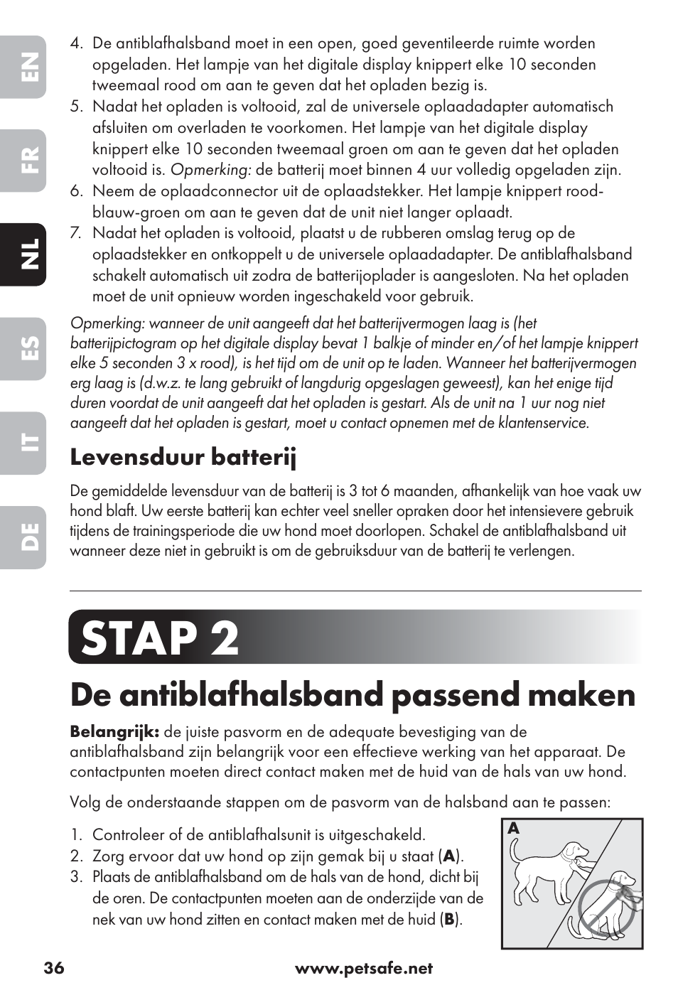 Stap 2, De antiblafhalsband passend maken, En fr nl es it de | Levensduur batterij | Petsafe Big Dog Rechargeable Bark Control User Manual | Page 36 / 88