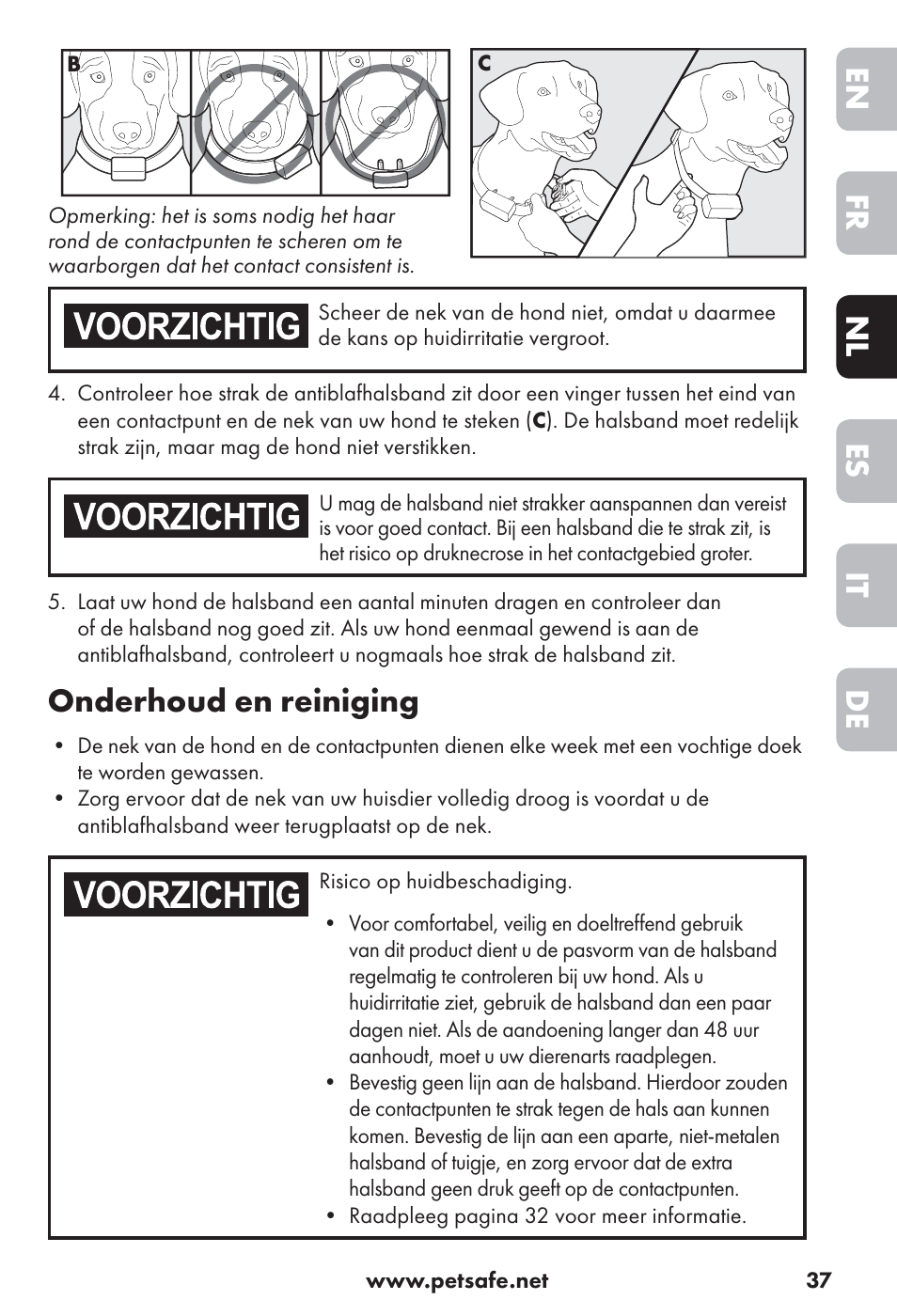 De it es nl fr en, Onderhoud en reiniging | Petsafe Big Dog Rechargeable Bark Control User Manual | Page 37 / 88