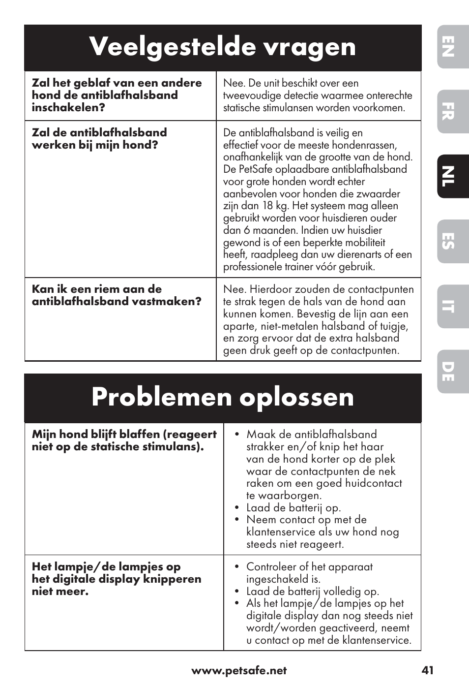 Veelgestelde vragen, Problemen oplossen, De it es nl fr en | Petsafe Big Dog Rechargeable Bark Control User Manual | Page 41 / 88