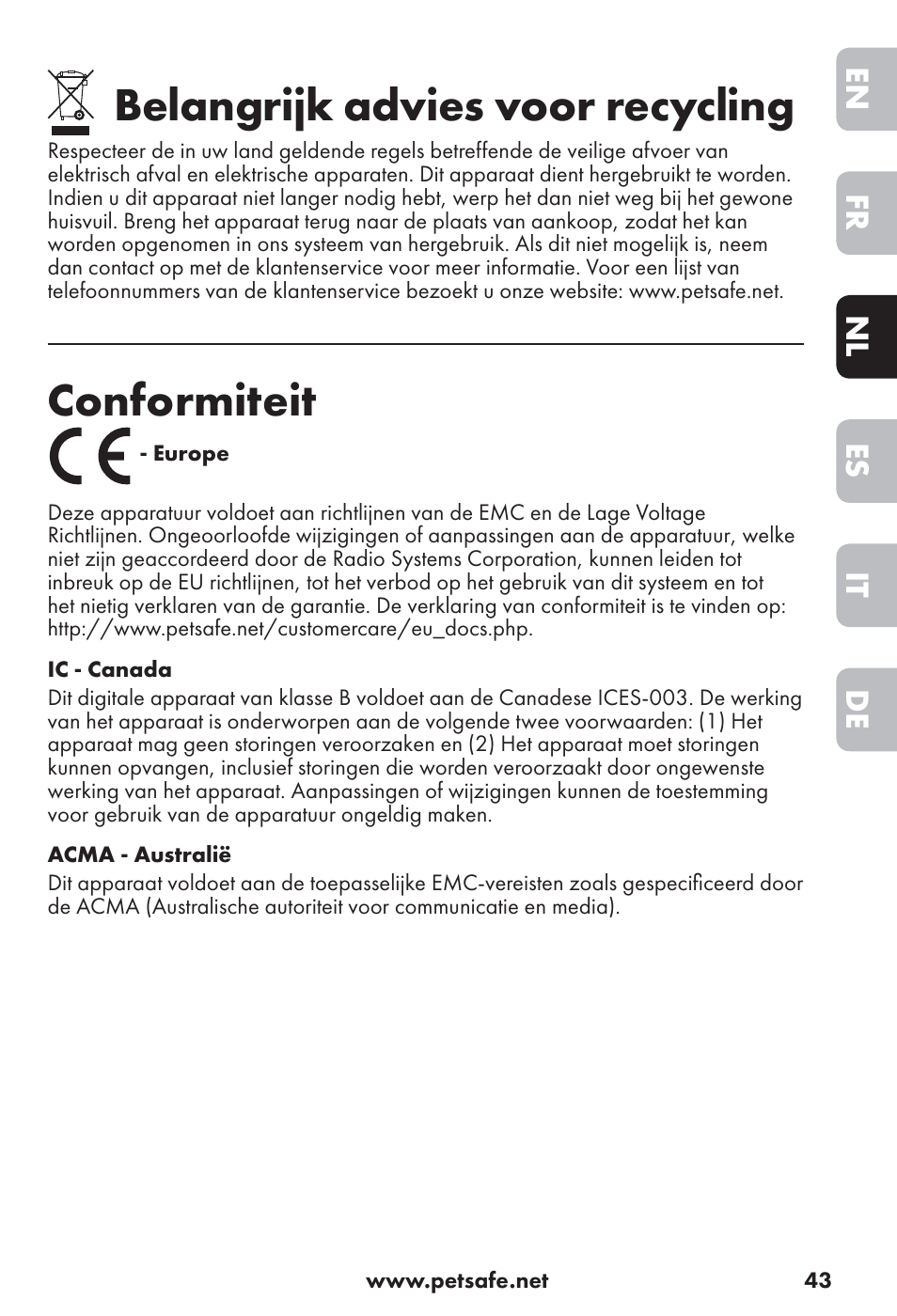 Belangrijk advies voor recycling, Conformiteit, De it es nl fr en | Petsafe Big Dog Rechargeable Bark Control User Manual | Page 43 / 88