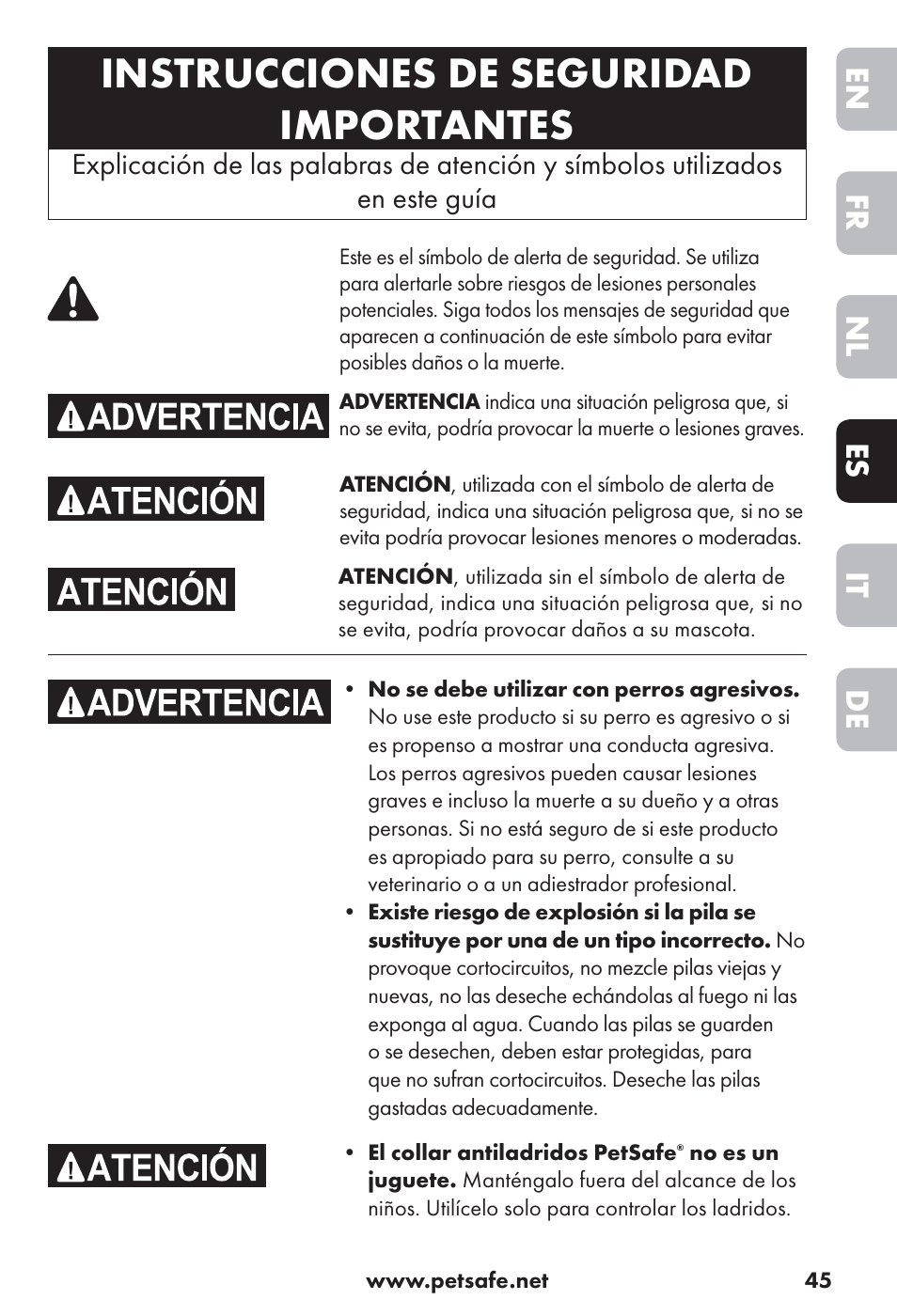 Instrucciones de seguridad importantes, De it es nl fr en | Petsafe Big Dog Rechargeable Bark Control User Manual | Page 45 / 88