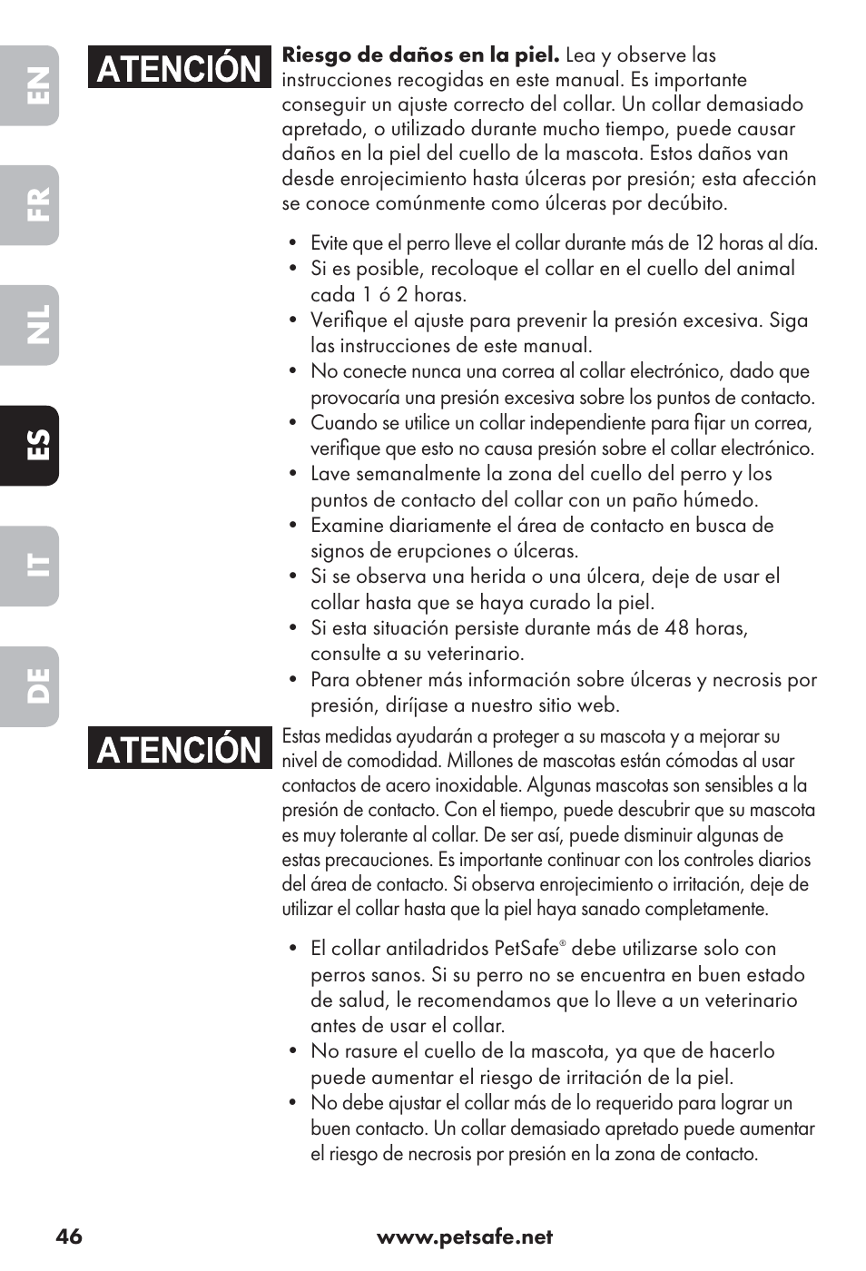 En fr nl es it de | Petsafe Big Dog Rechargeable Bark Control User Manual | Page 46 / 88
