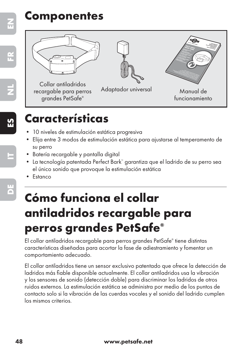 Componentes características, En fr nl es it de | Petsafe Big Dog Rechargeable Bark Control User Manual | Page 48 / 88