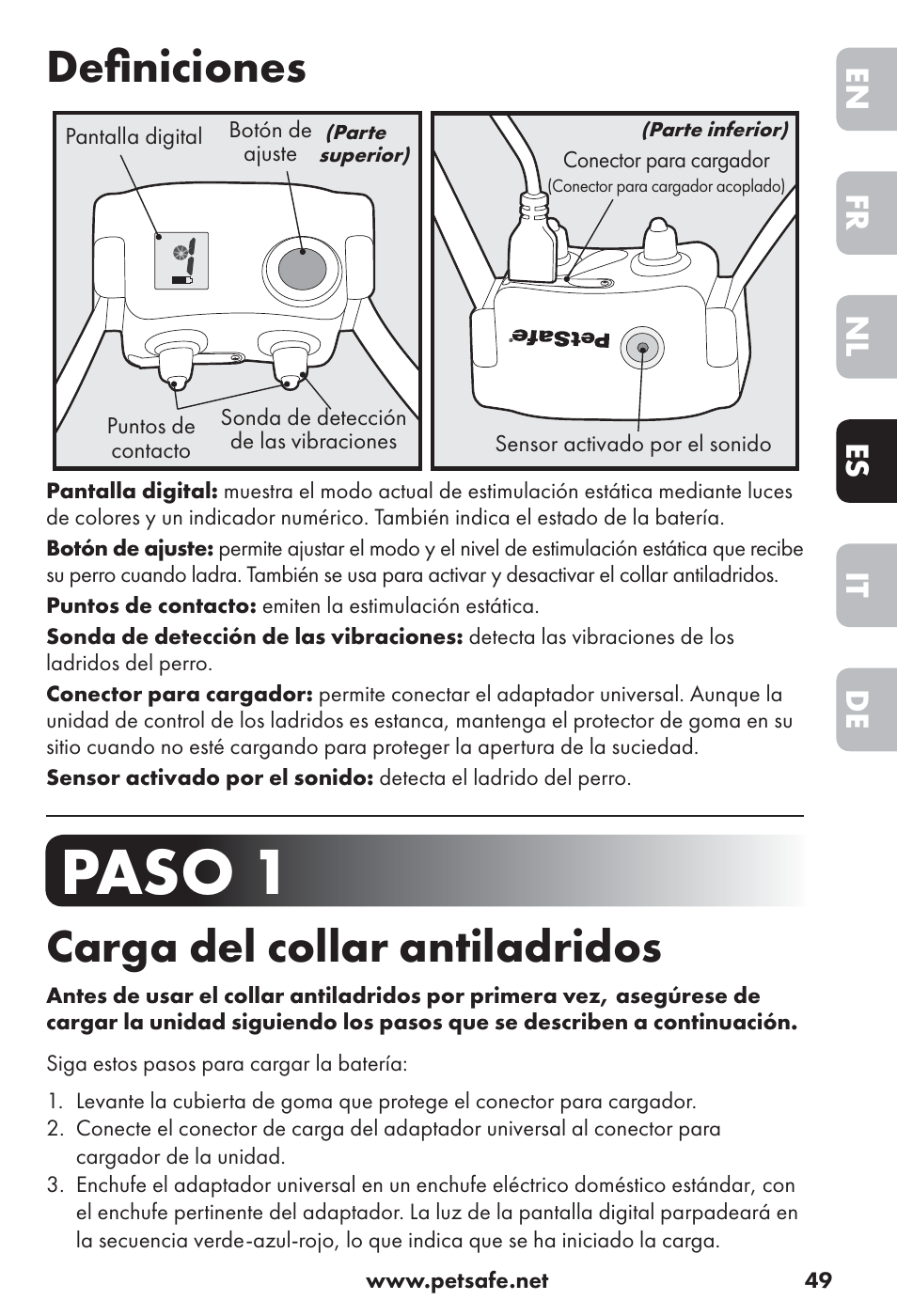 Paso 1, Deﬁ niciones, Carga del collar antiladridos | De it es nl fr en | Petsafe Big Dog Rechargeable Bark Control User Manual | Page 49 / 88