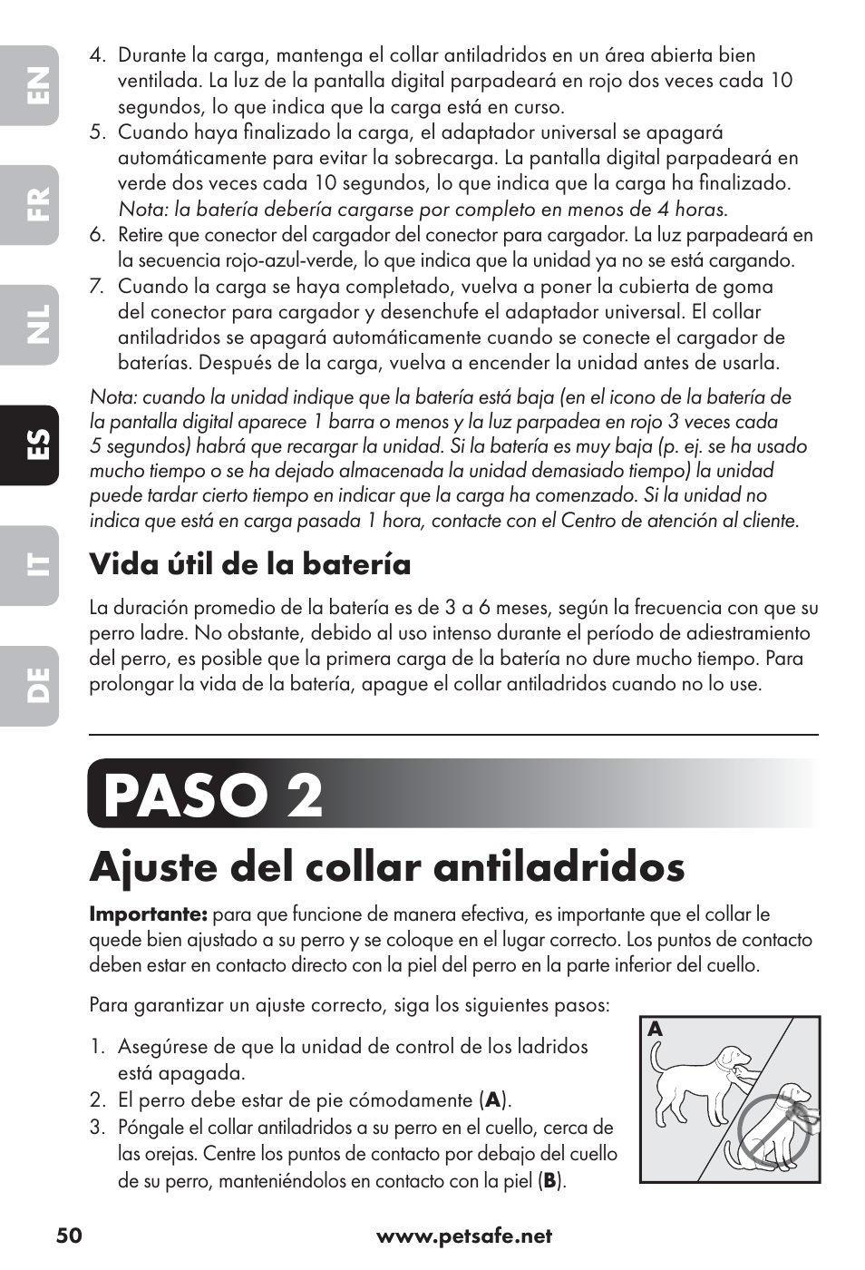 Paso 2, Ajuste del collar antiladridos, En fr nl es it de | Vida útil de la batería | Petsafe Big Dog Rechargeable Bark Control User Manual | Page 50 / 88