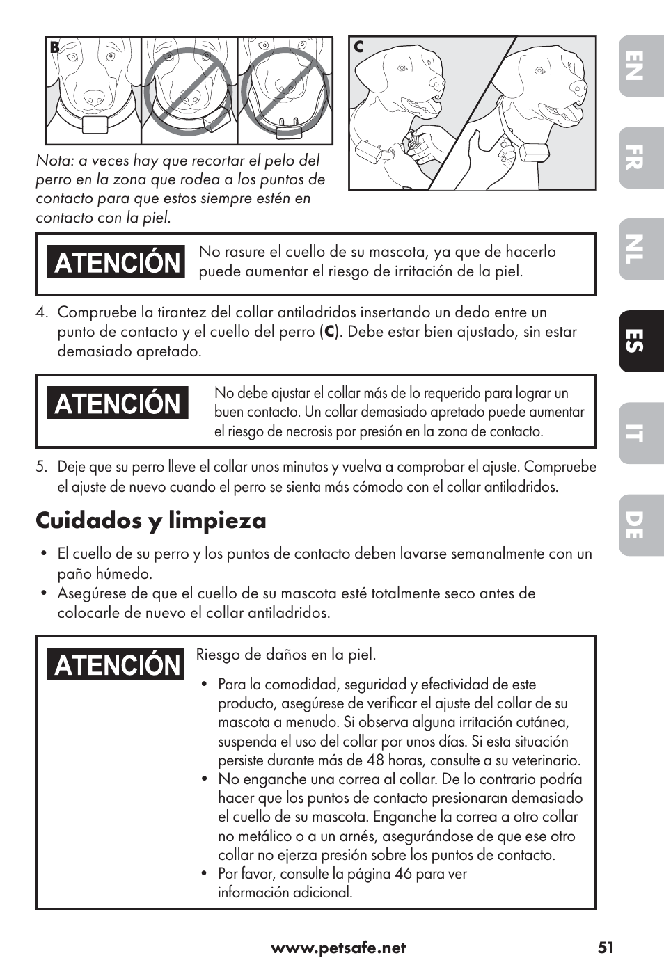 De it es nl fr en, Cuidados y limpieza | Petsafe Big Dog Rechargeable Bark Control User Manual | Page 51 / 88