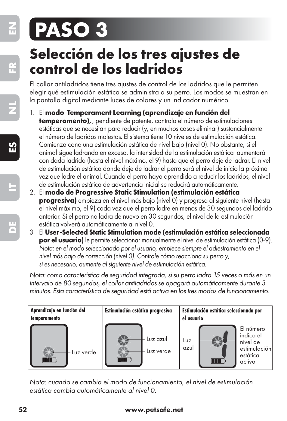 Paso 3, En fr nl es it de | Petsafe Big Dog Rechargeable Bark Control User Manual | Page 52 / 88