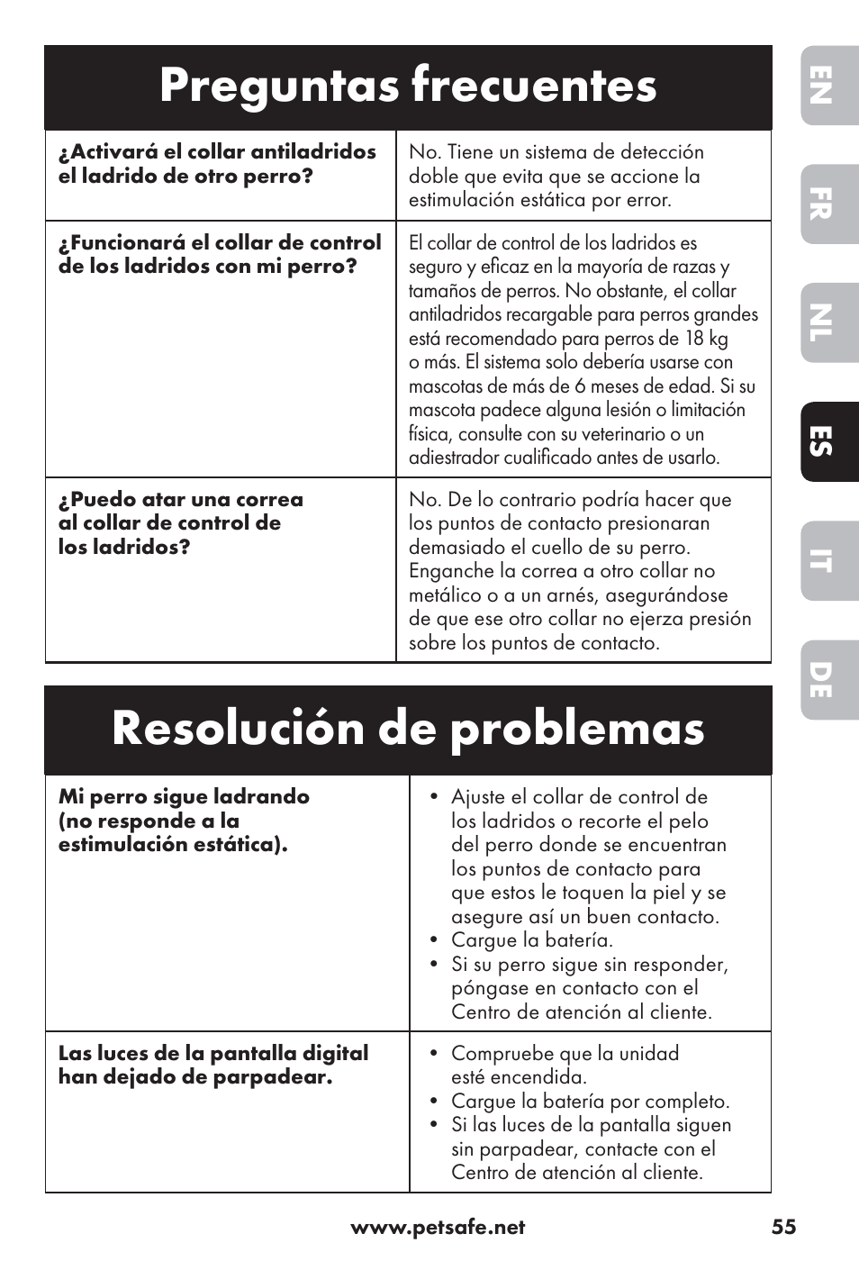 Preguntas frecuentes, Resolución de problemas, De it es nl fr en | Petsafe Big Dog Rechargeable Bark Control User Manual | Page 55 / 88