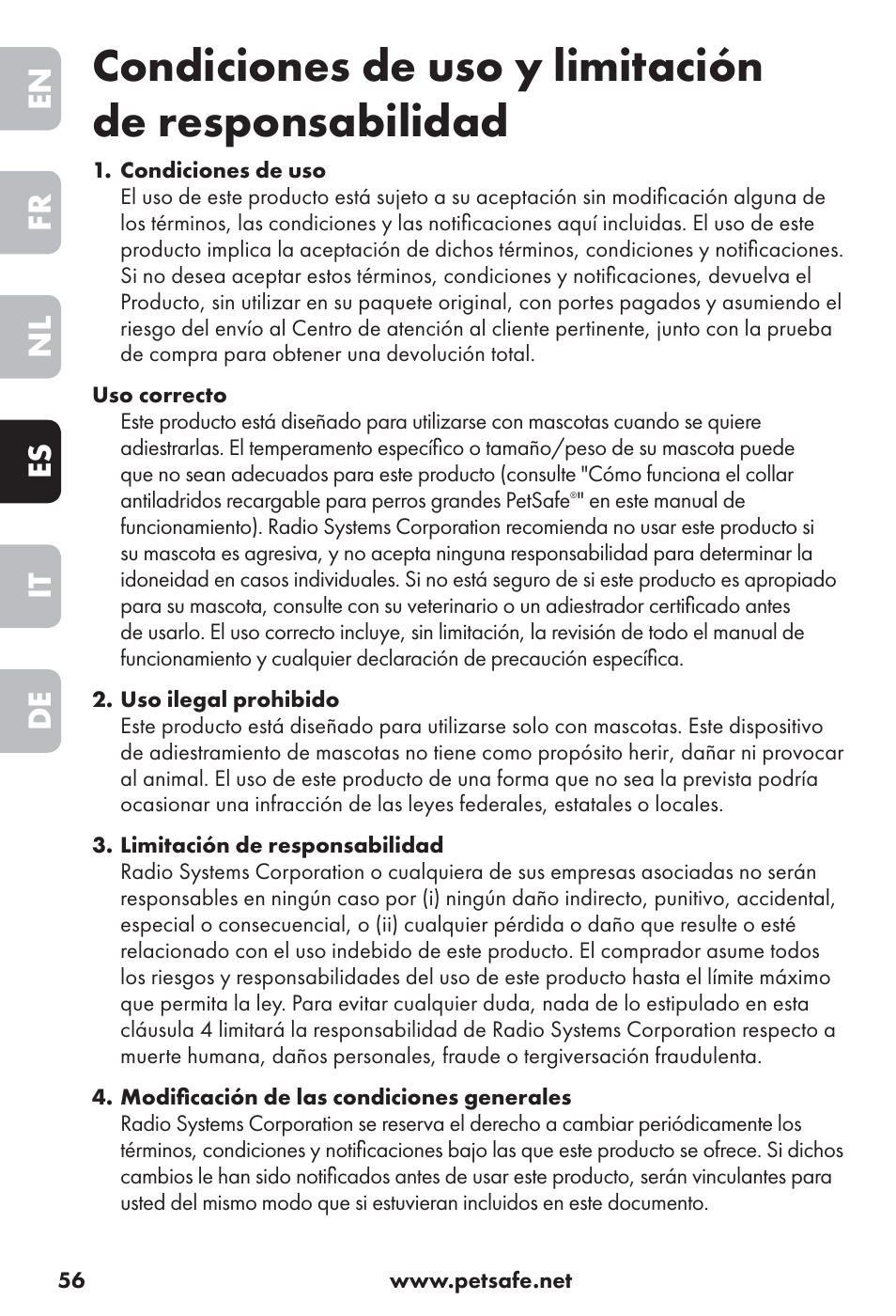Condiciones de uso y limitación de responsabilidad, En fr nl es it de | Petsafe Big Dog Rechargeable Bark Control User Manual | Page 56 / 88