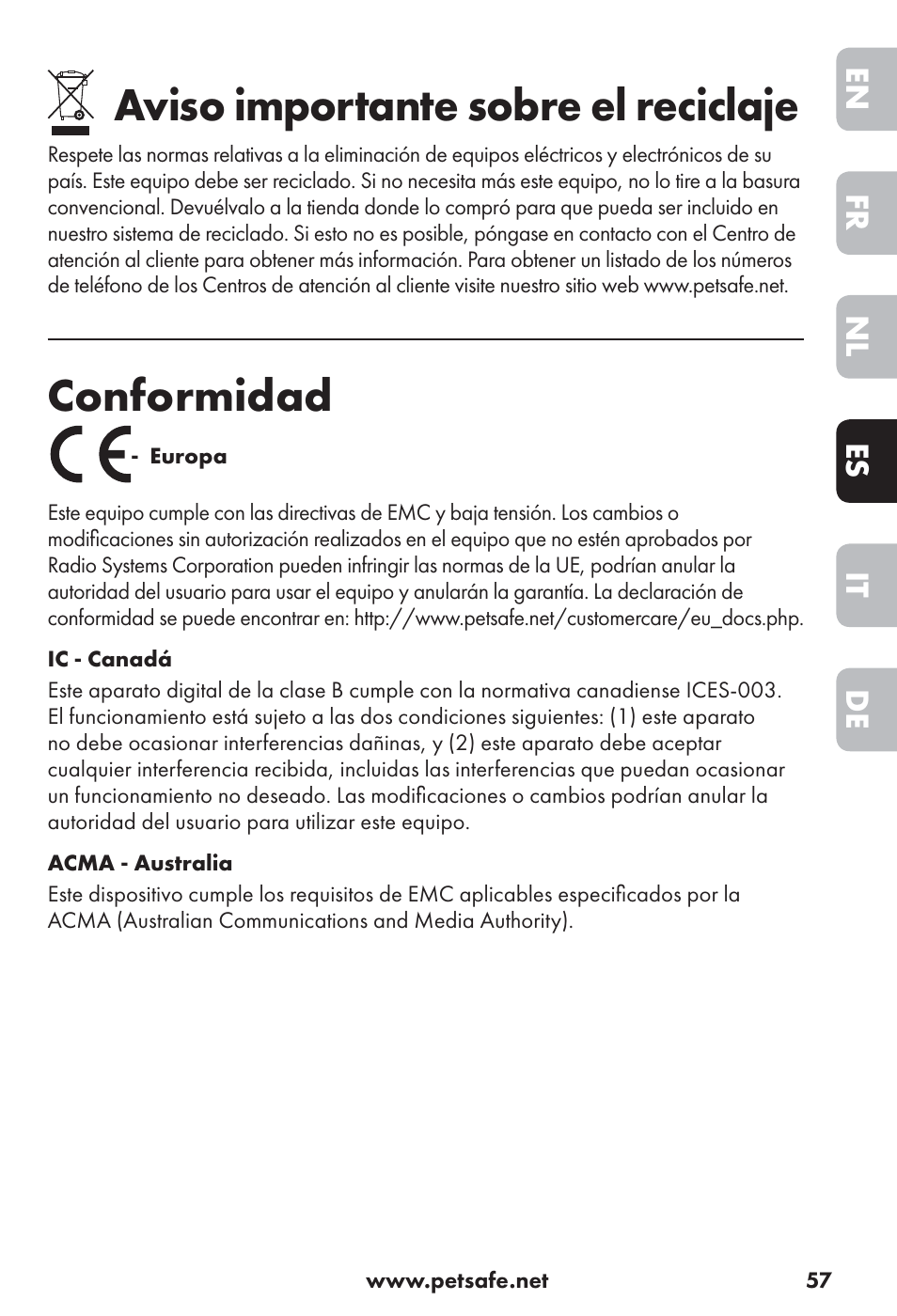 Aviso importante sobre el reciclaje, Conformidad | Petsafe Big Dog Rechargeable Bark Control User Manual | Page 57 / 88