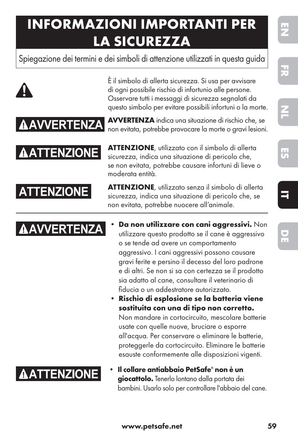 Informazioni importanti per la sicurezza, De it es nl fr en | Petsafe Big Dog Rechargeable Bark Control User Manual | Page 59 / 88