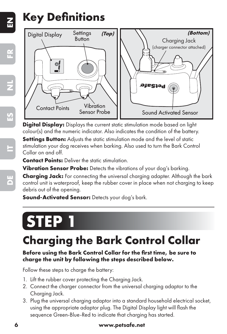 Step 1, Key deﬁ nitions, Charging the bark control collar | En fr nl es it de | Petsafe Big Dog Rechargeable Bark Control User Manual | Page 6 / 88