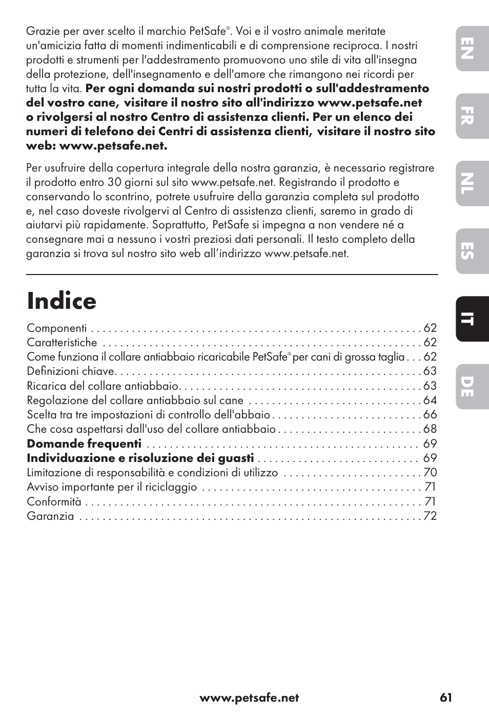 Indice, De it es nl fr en | Petsafe Big Dog Rechargeable Bark Control User Manual | Page 61 / 88