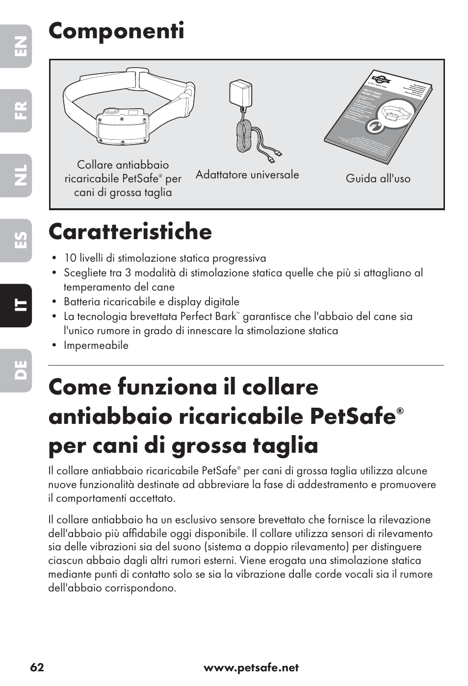 Componenti caratteristiche, Per cani di grossa taglia, En fr nl es it de | Petsafe Big Dog Rechargeable Bark Control User Manual | Page 62 / 88