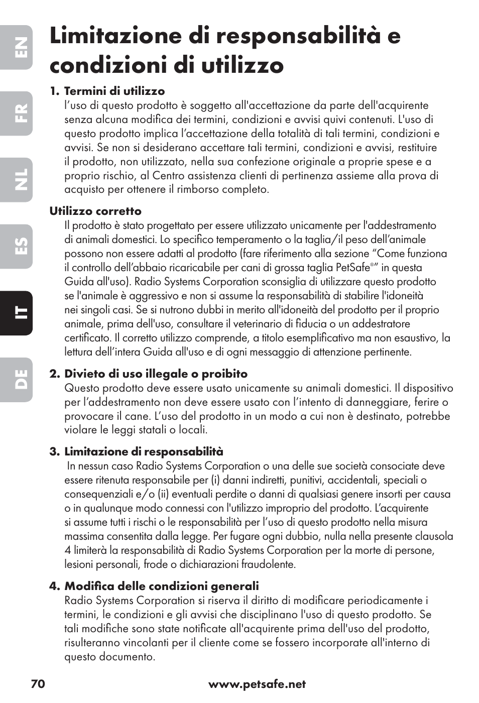 En fr nl es it de | Petsafe Big Dog Rechargeable Bark Control User Manual | Page 70 / 88