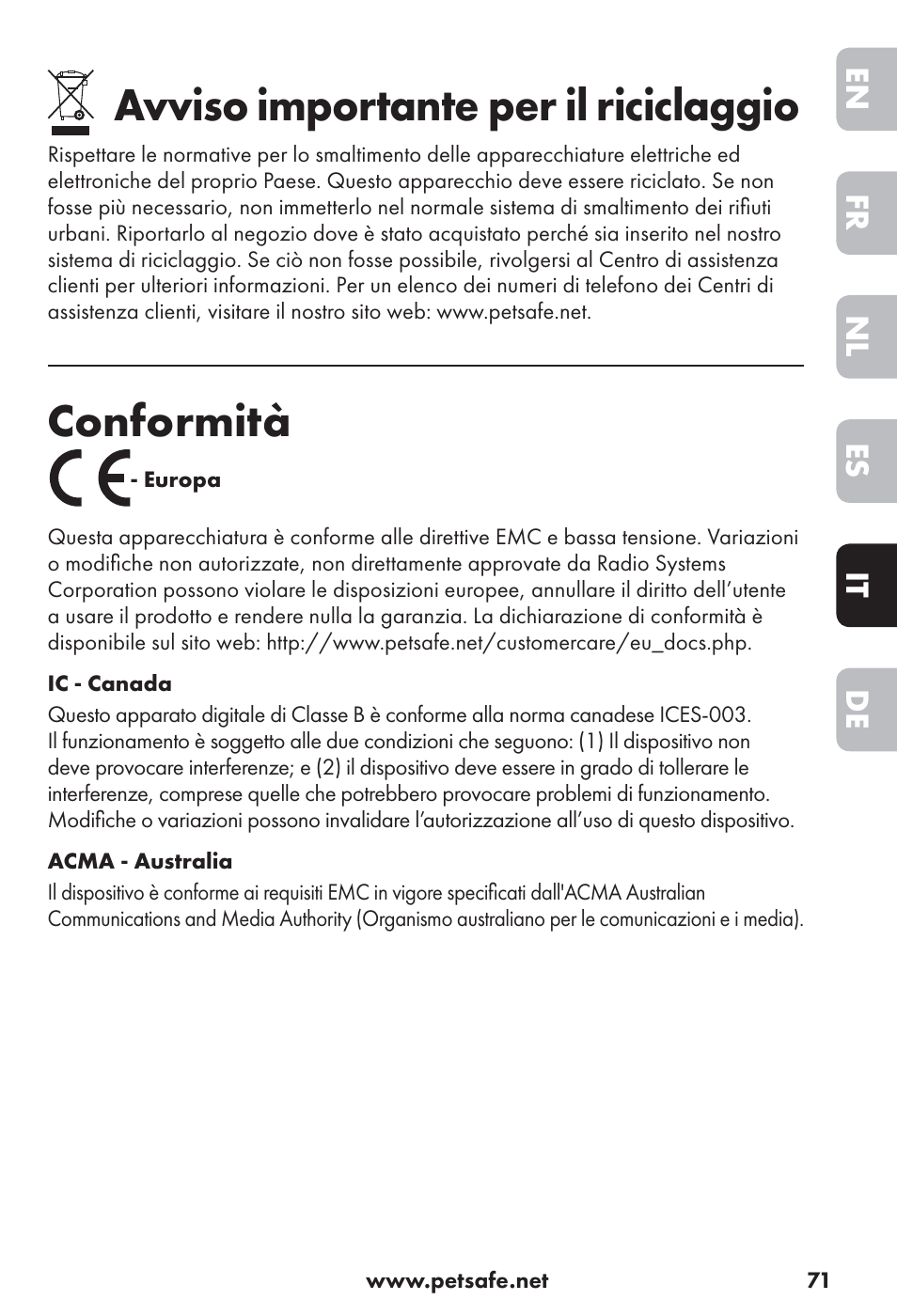 Avviso importante per il riciclaggio, Conformità | Petsafe Big Dog Rechargeable Bark Control User Manual | Page 71 / 88
