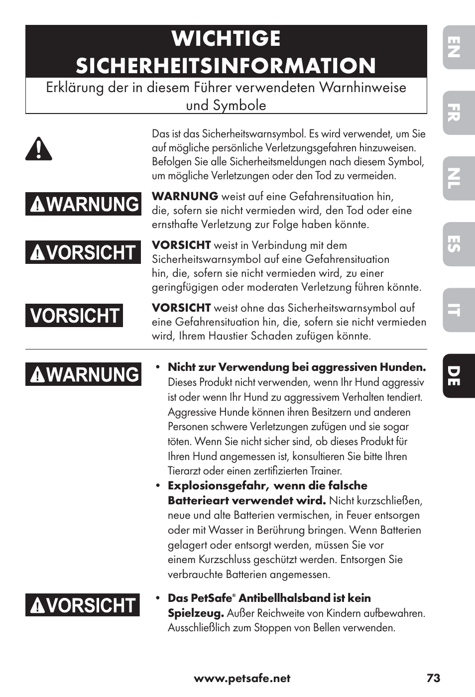 Wichtige sicherheitsinformation, De it es nl fr en | Petsafe Big Dog Rechargeable Bark Control User Manual | Page 73 / 88