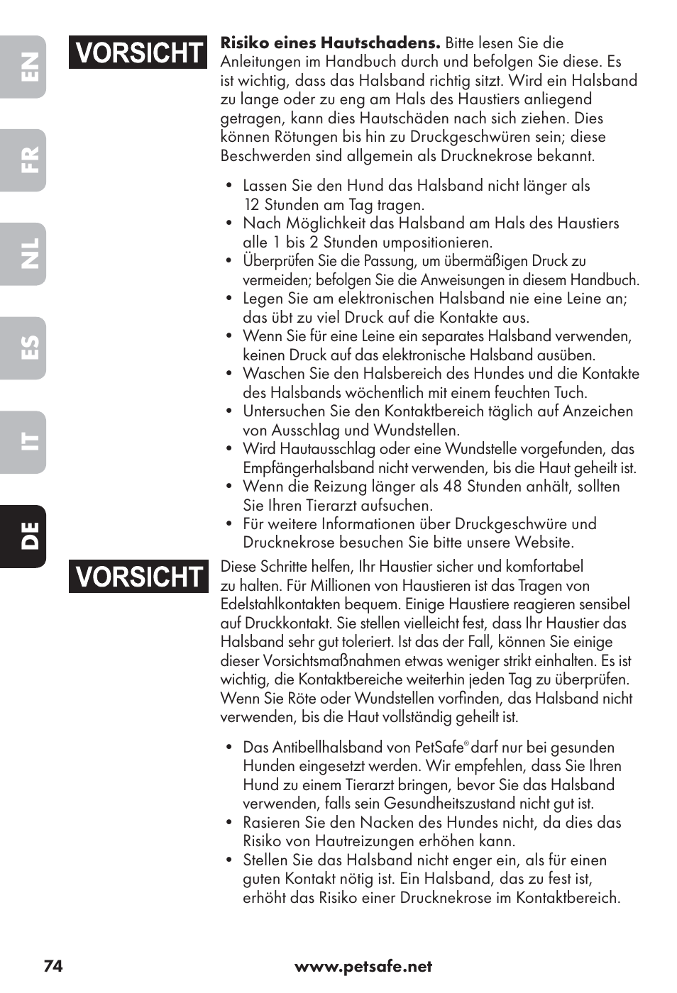En fr nl es it de | Petsafe Big Dog Rechargeable Bark Control User Manual | Page 74 / 88