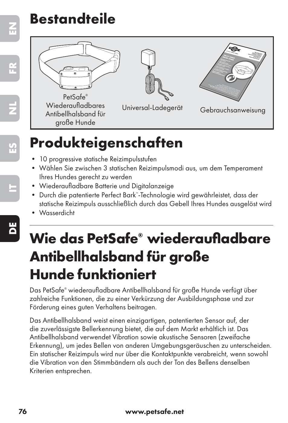 Bestandteile produkteigenschaften, Wie das petsafe, En fr nl es it de | Petsafe Big Dog Rechargeable Bark Control User Manual | Page 76 / 88