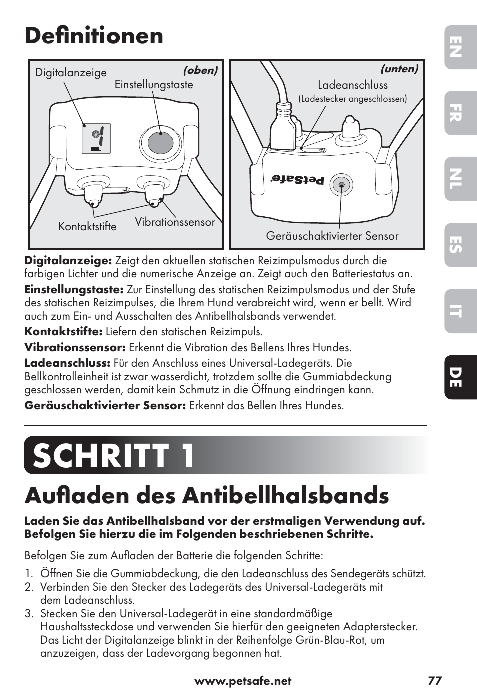 Schritt 1, Deﬁ nitionen, Auﬂ aden des antibellhalsbands | De it es nl fr en | Petsafe Big Dog Rechargeable Bark Control User Manual | Page 77 / 88