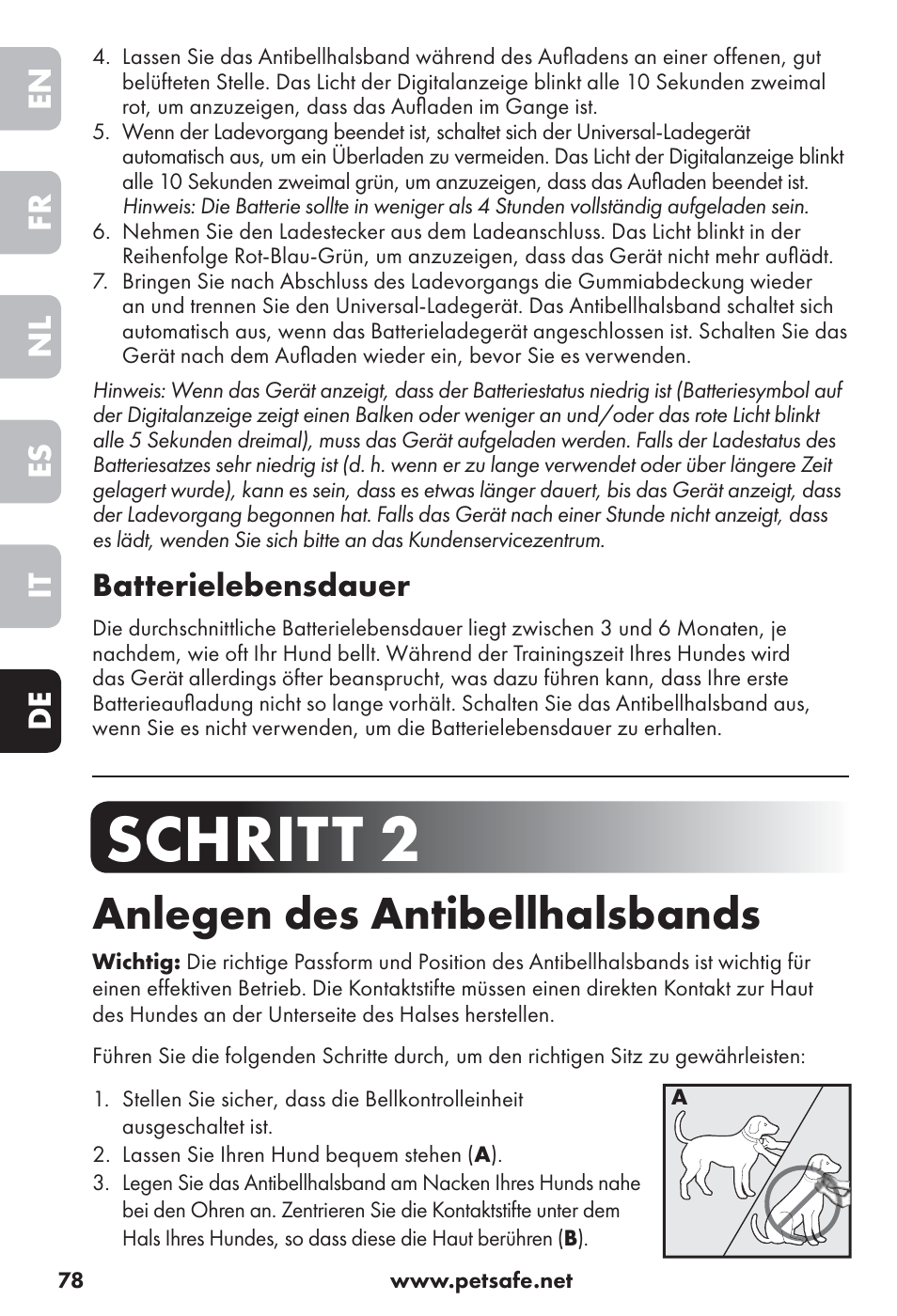 Schritt 2, Anlegen des antibellhalsbands, En fr nl es it de | Batterielebensdauer | Petsafe Big Dog Rechargeable Bark Control User Manual | Page 78 / 88