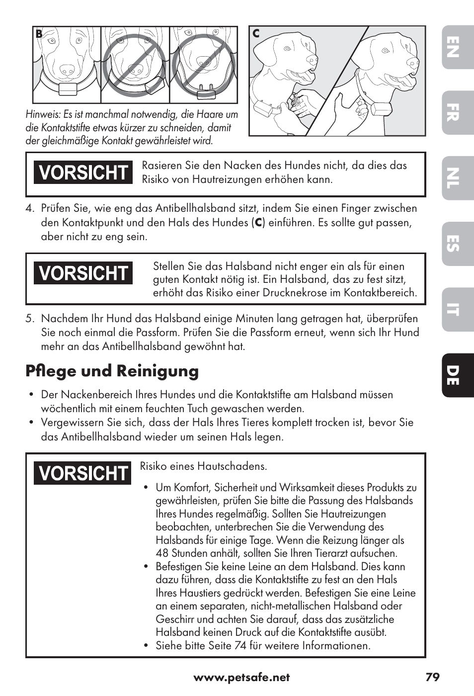 De it es nl fr en, Pﬂ ege und reinigung | Petsafe Big Dog Rechargeable Bark Control User Manual | Page 79 / 88