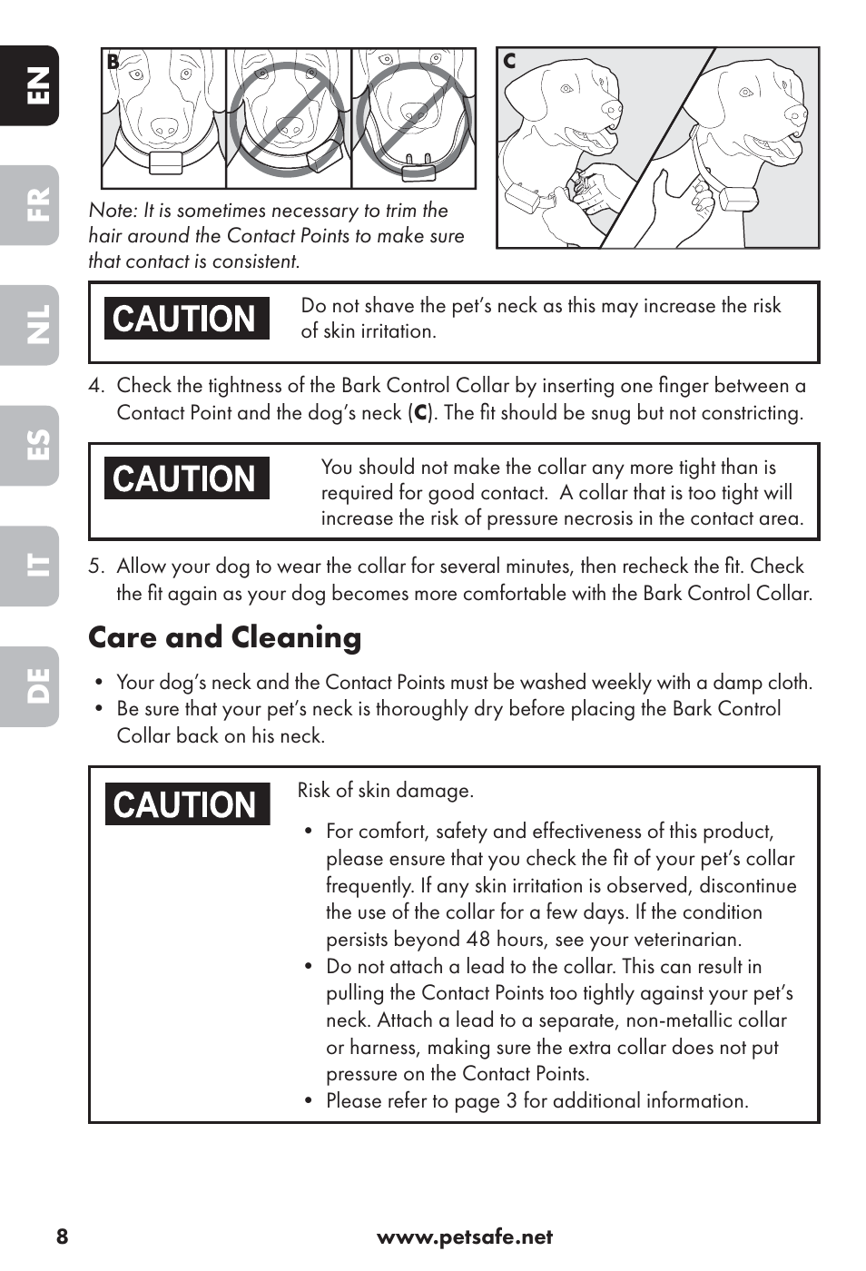 En fr nl es it de, Care and cleaning | Petsafe Big Dog Rechargeable Bark Control User Manual | Page 8 / 88