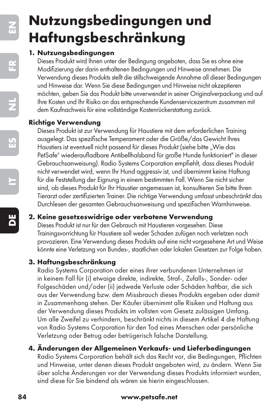 Nutzungsbedingungen und haftungsbeschränkung, En fr nl es it de | Petsafe Big Dog Rechargeable Bark Control User Manual | Page 84 / 88