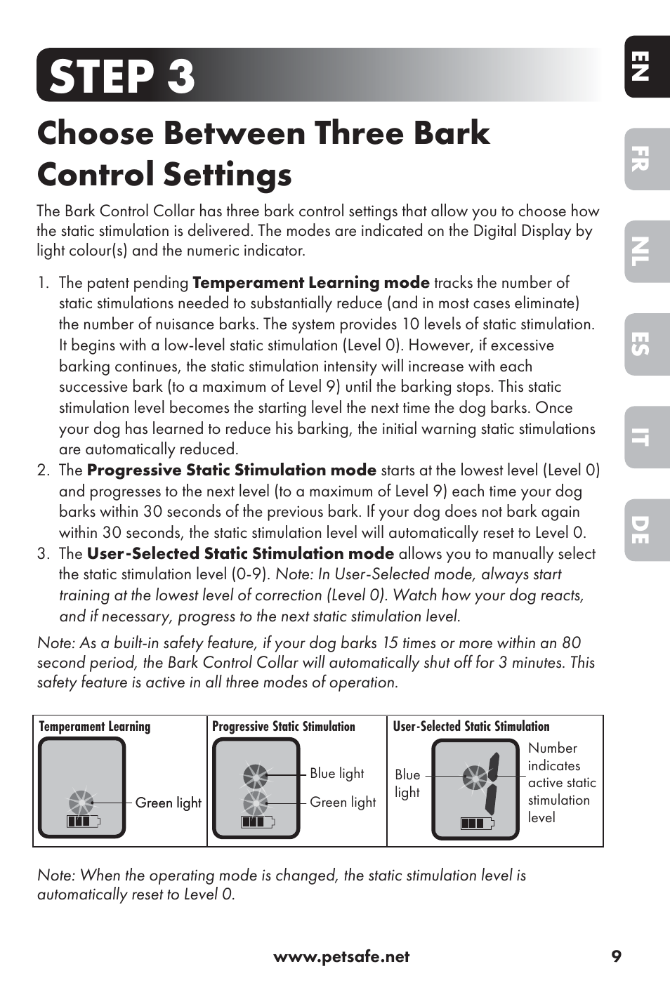 Step 3, Choose between three bark control settings, De it es nl fr en | Petsafe Big Dog Rechargeable Bark Control User Manual | Page 9 / 88