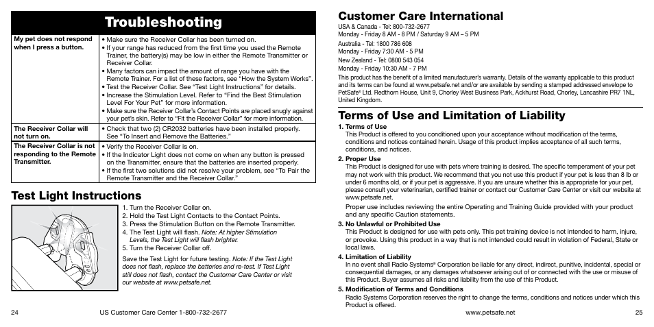 Troubleshooting, Test light instructions, Customer care international | Terms of use and limitation of liability | Petsafe Big Dog Remote Trainer User Manual | Page 13 / 15