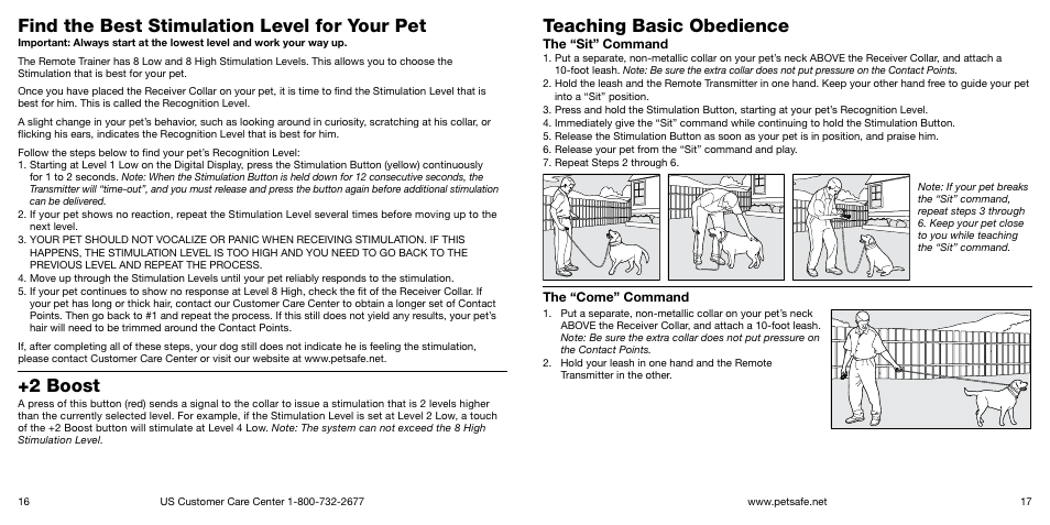Find the best stimulation level for your pet, 2 boost, Teaching basic obedience | Petsafe Big Dog Remote Trainer User Manual | Page 9 / 15