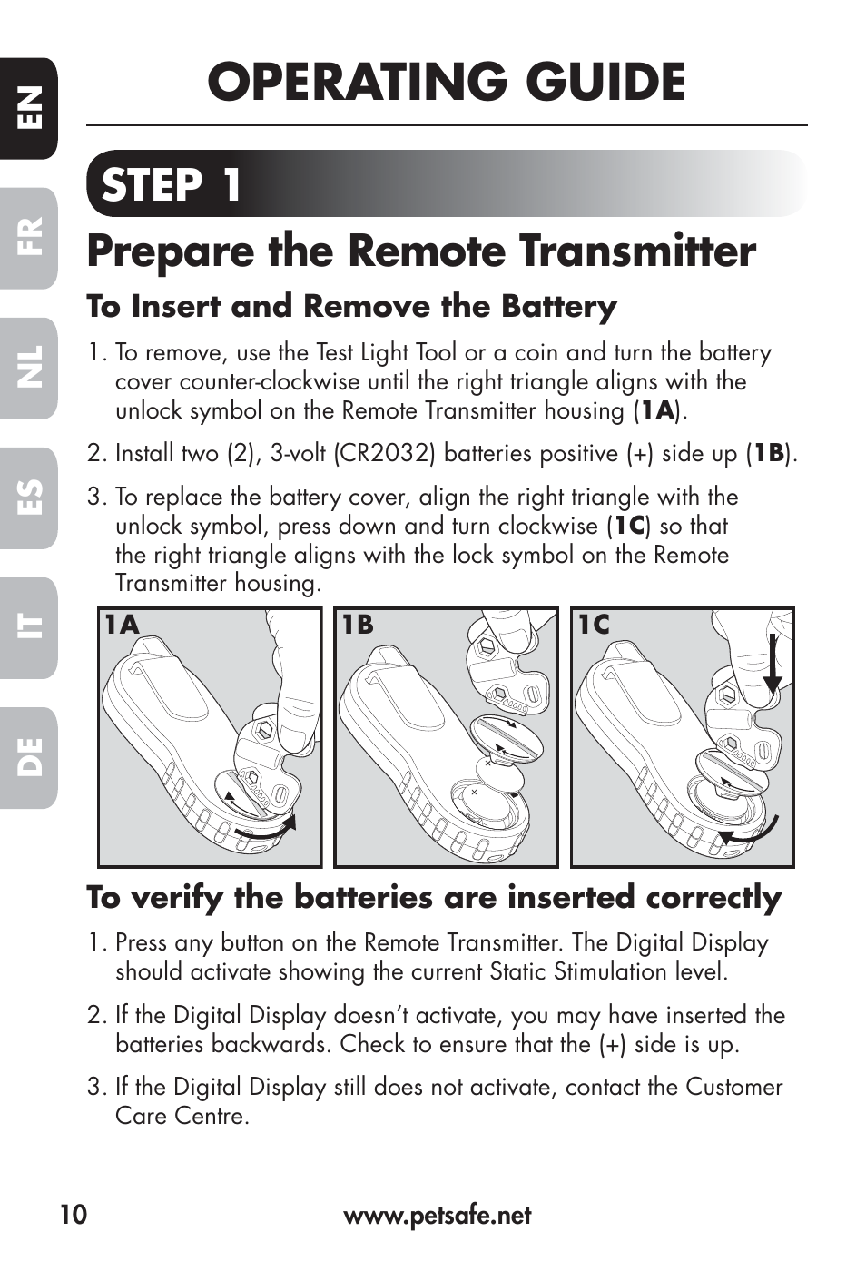 Operating guide, Step 1 prepare the remote transmitter | Petsafe Big Dog Remote Trainer User Manual | Page 10 / 200